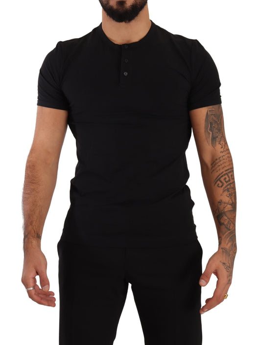 Elegant Black Cotton Henley T-Shirt