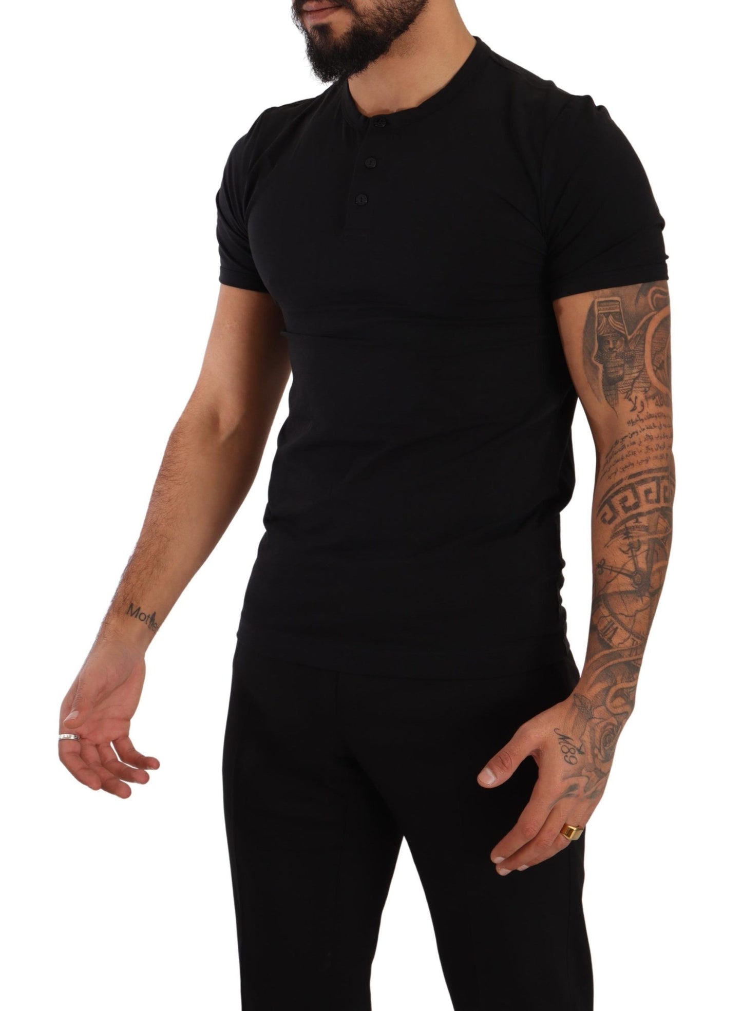 Elegant Black Cotton Henley T-Shirt