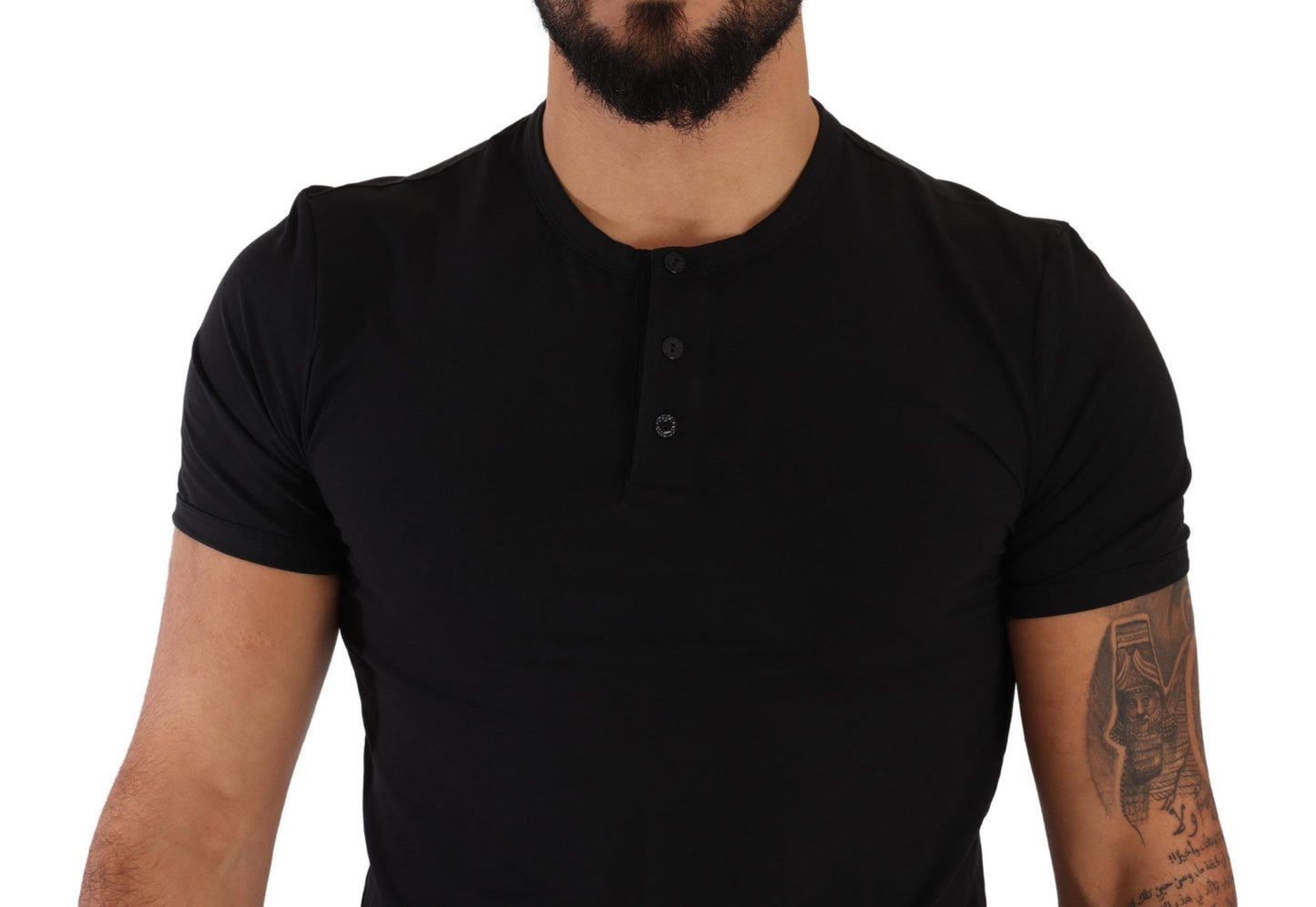 Elegant Black Cotton Henley T-Shirt