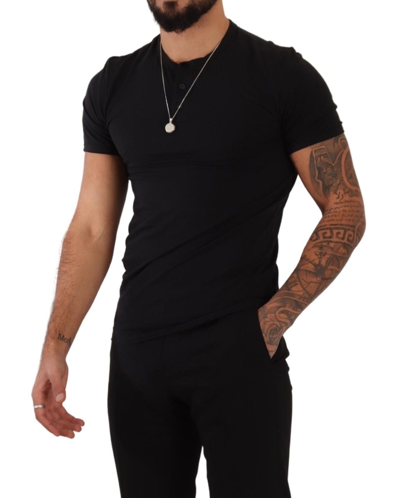 Elegant Black Cotton Henley T-Shirt