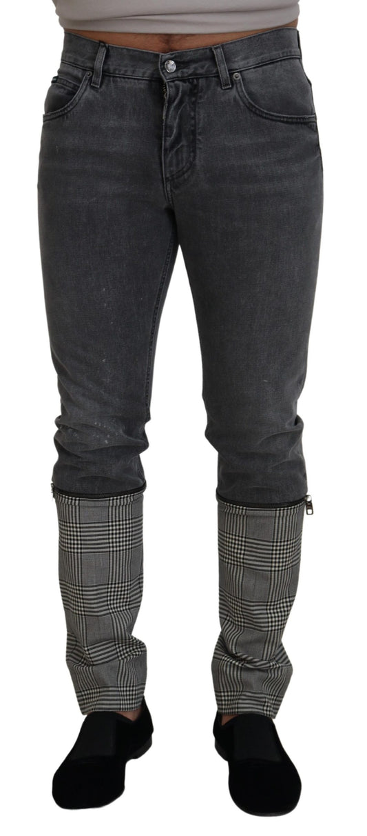 Gray Cotton Checkered Leg Men Denim Jeans