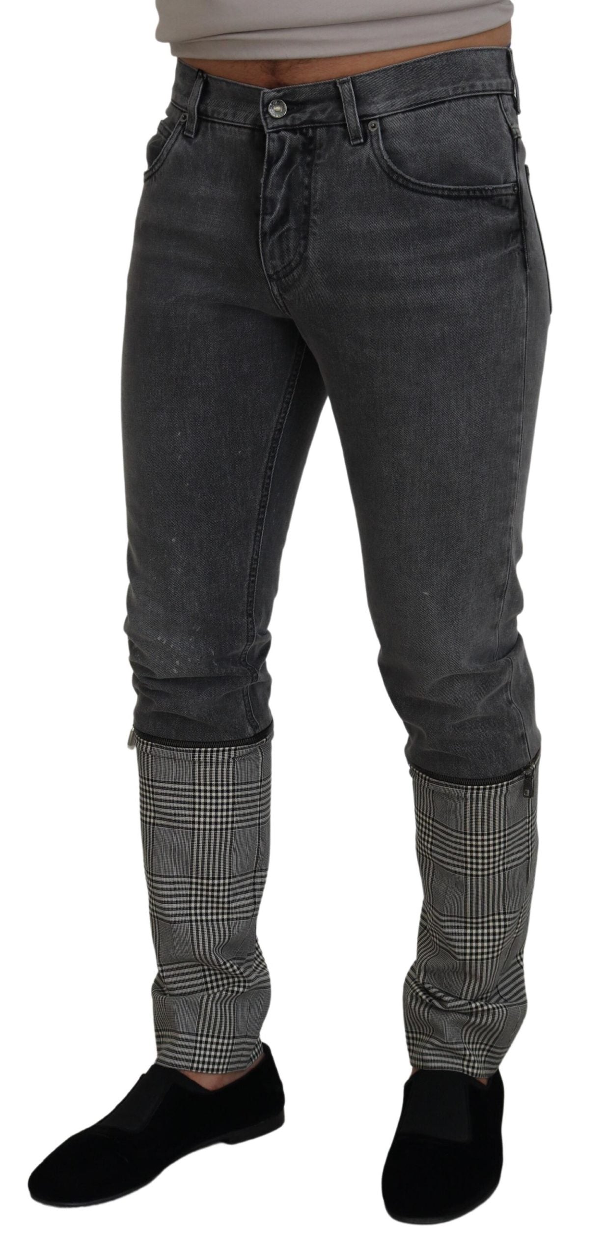 Gray Cotton Checkered Leg Men Denim Jeans