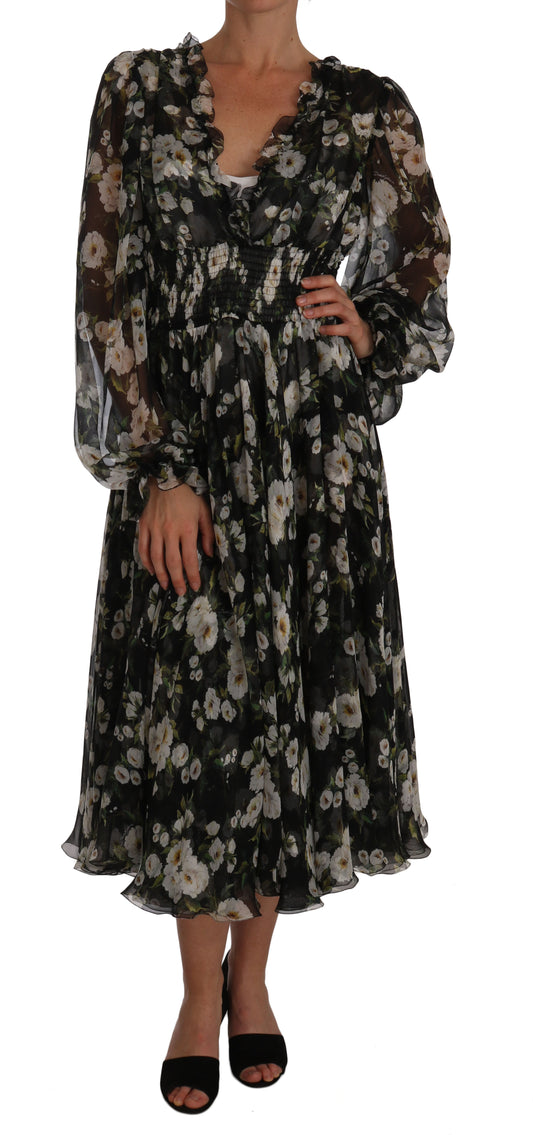 Black Floral Silk Midi Dress with Luxe Craftsmanship