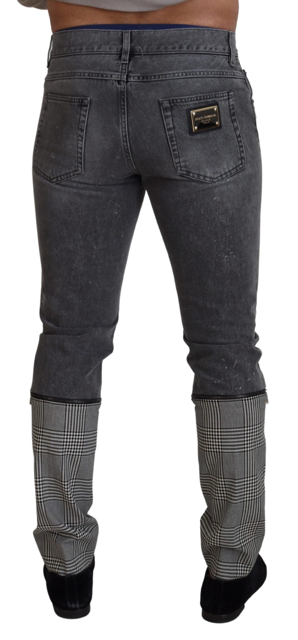 Gray Cotton Checkered Leg Men Denim Jeans