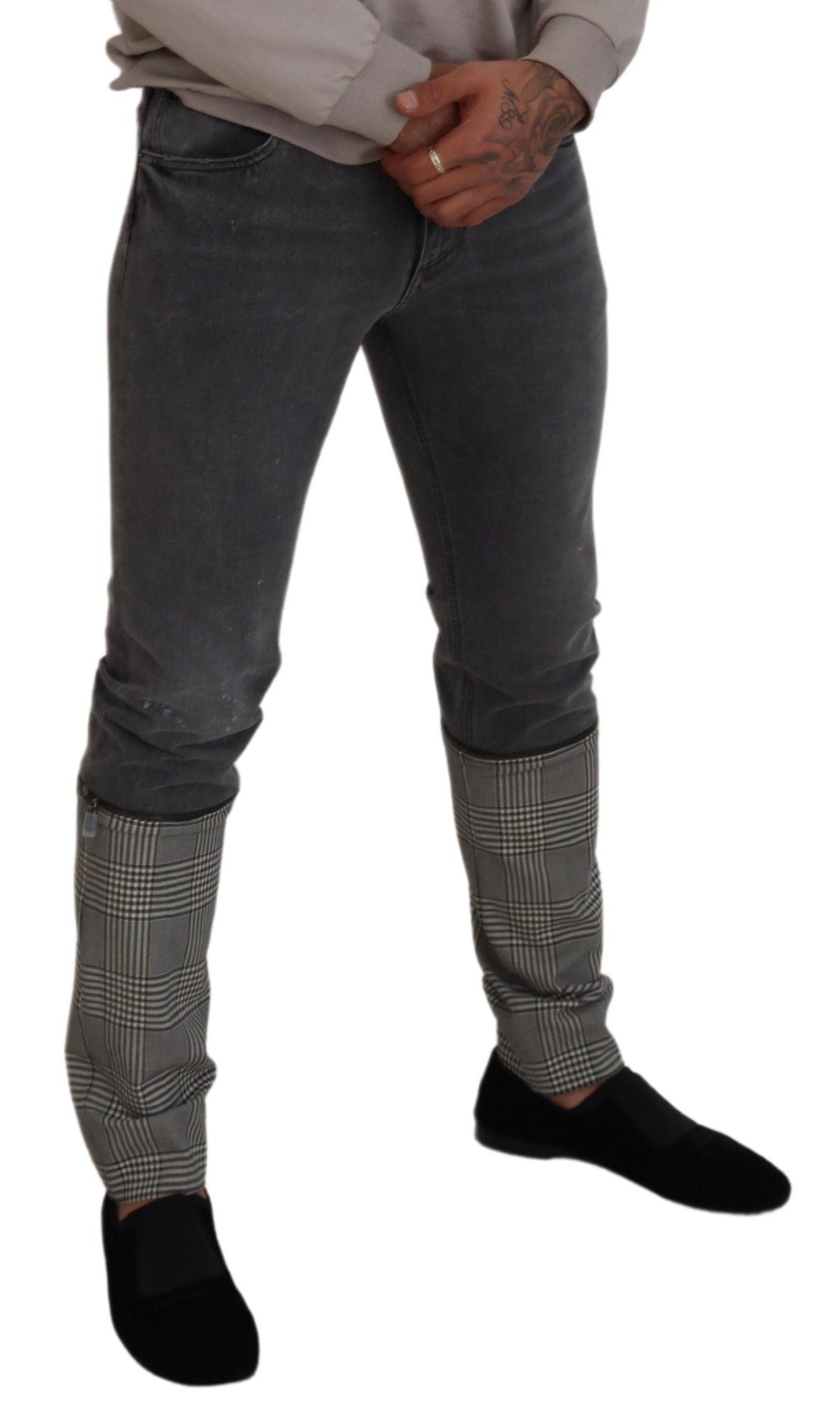 Gray Cotton Checkered Leg Men Denim Jeans