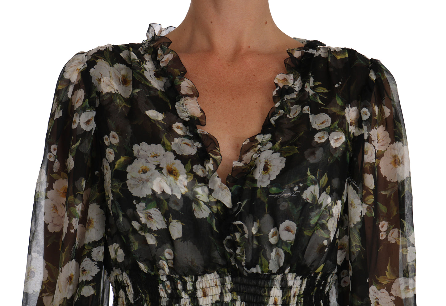 Black Floral Silk Midi Dress with Luxe Craftsmanship