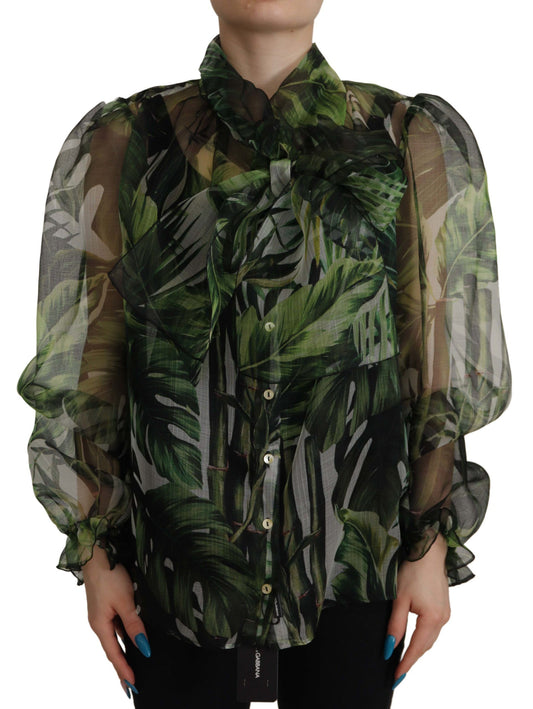 Elegant Green Banana Leaf Silk Blouse Top