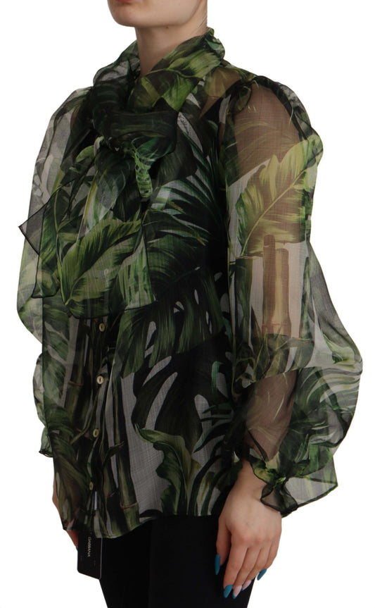 Elegant Green Banana Leaf Silk Blouse Top