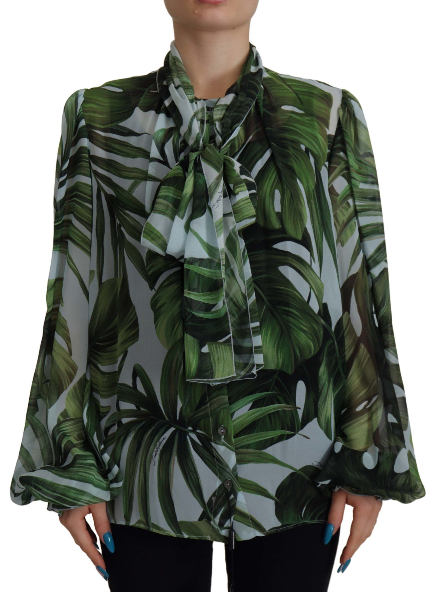 Elegant Silk Leaf Print Ascot Blouse