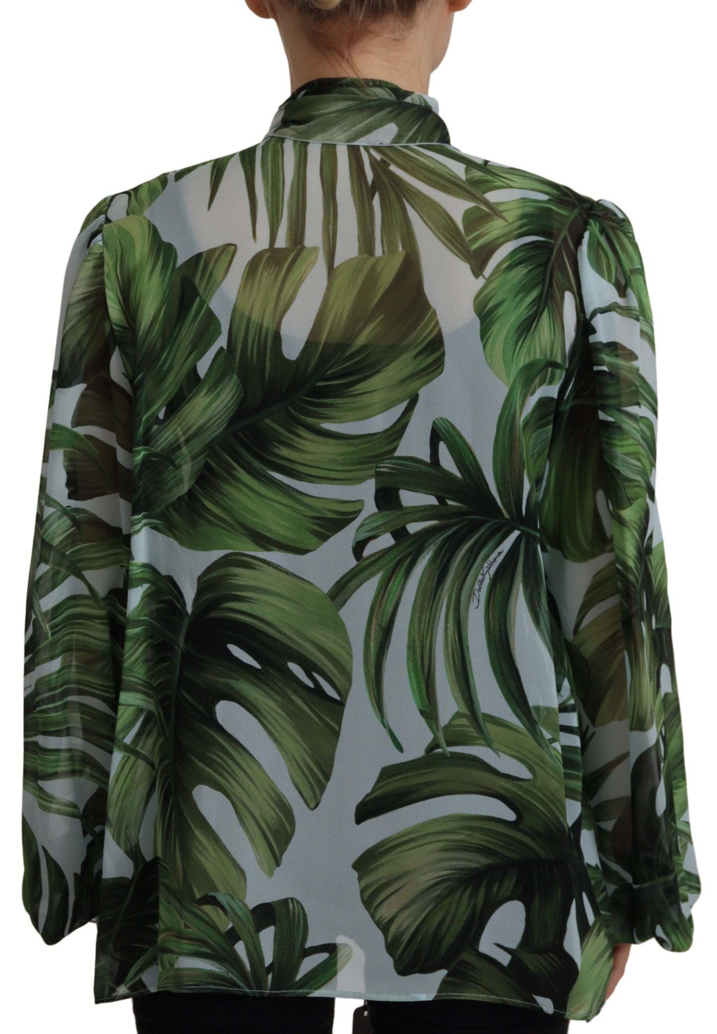 Elegant Silk Leaf Print Ascot Blouse