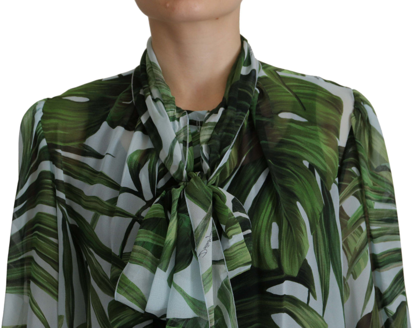 Elegant Silk Leaf Print Ascot Blouse