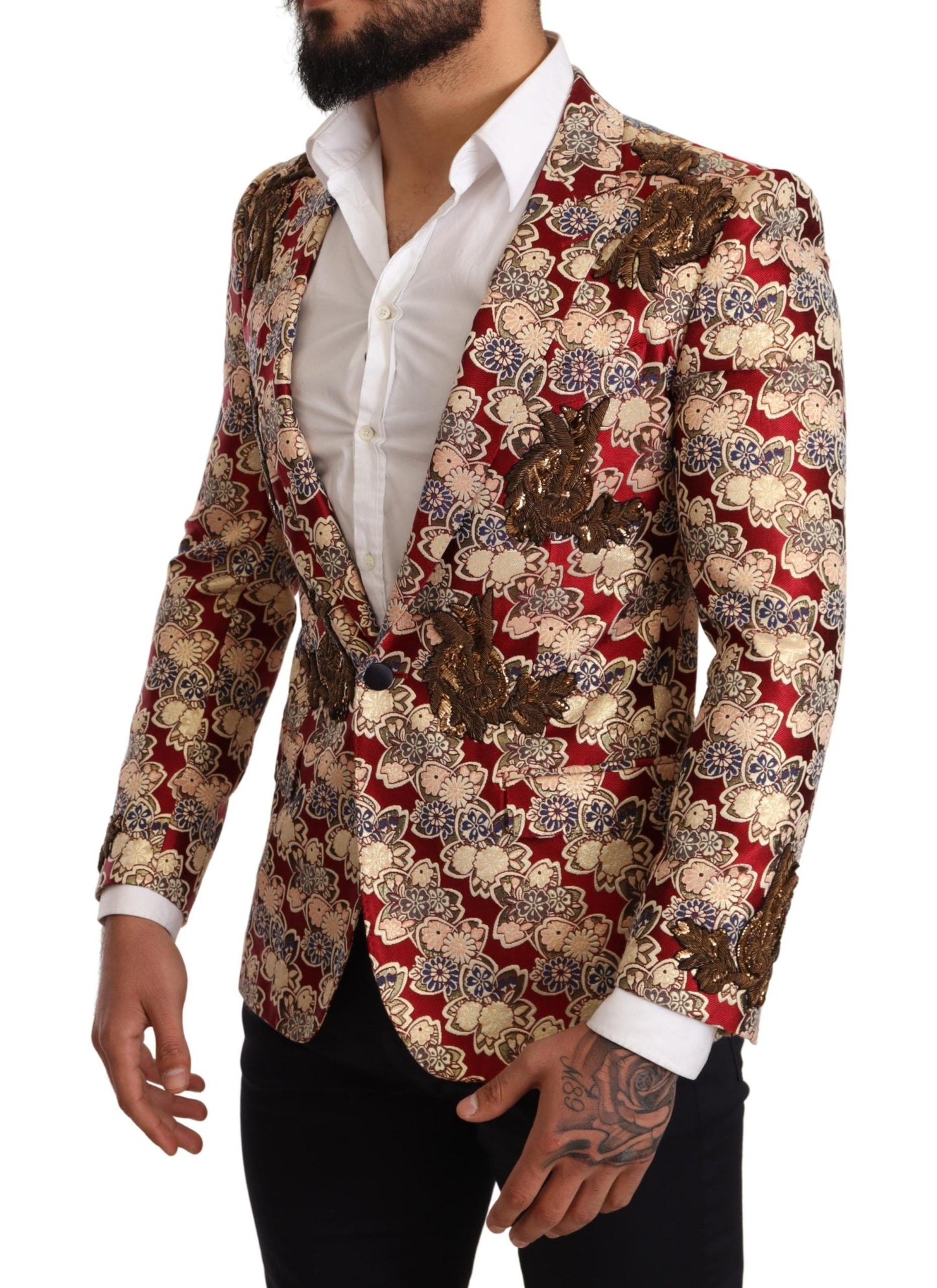 Elegant Gold Martini Blazer with Red Embroidery