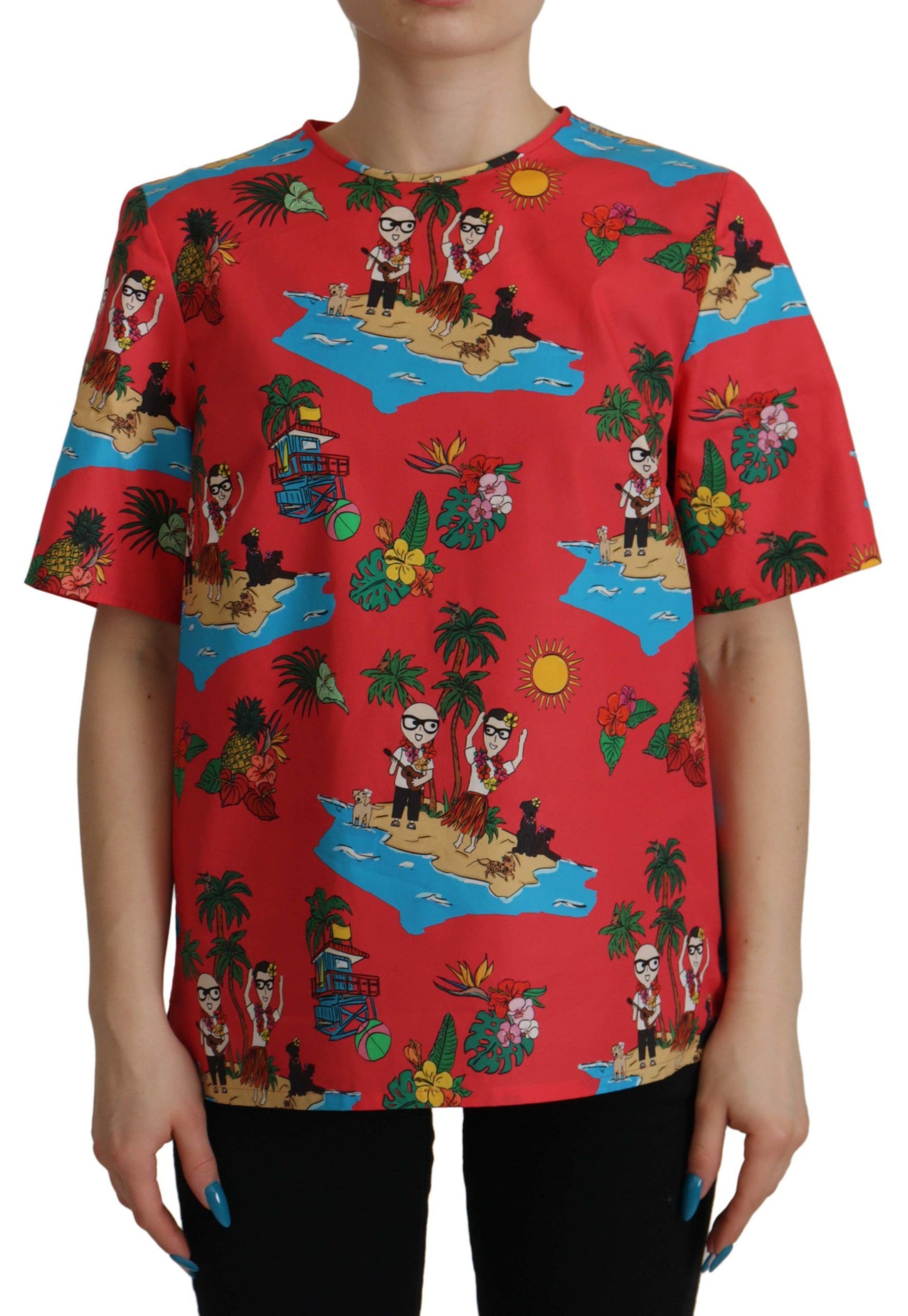 Red Multicolor Beach Motif Cotton T-Shirt