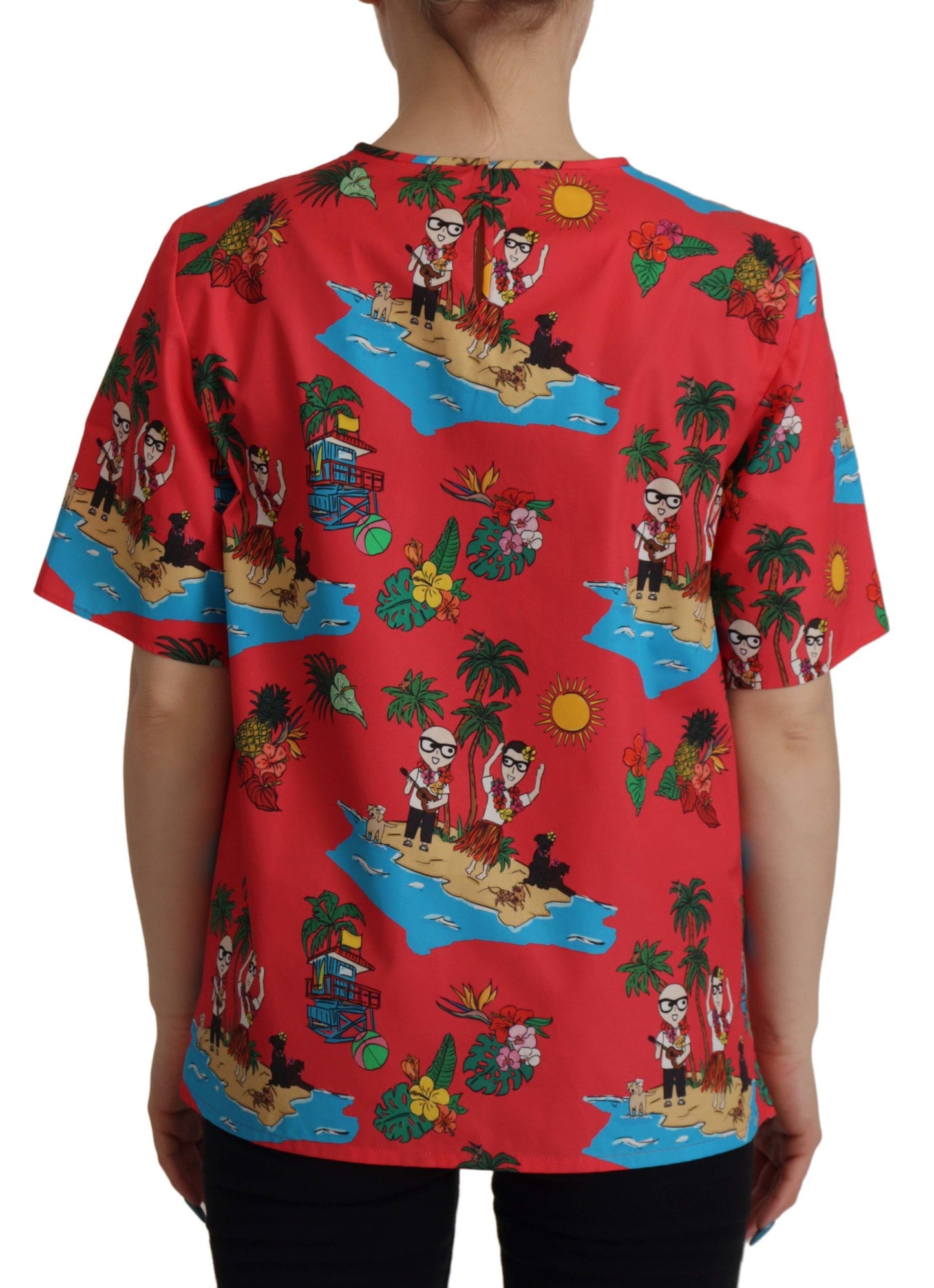 Red Multicolor Beach Motif Cotton T-Shirt