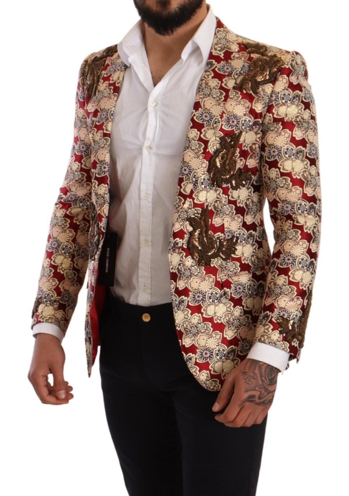 Elegant Gold Martini Blazer with Red Embroidery