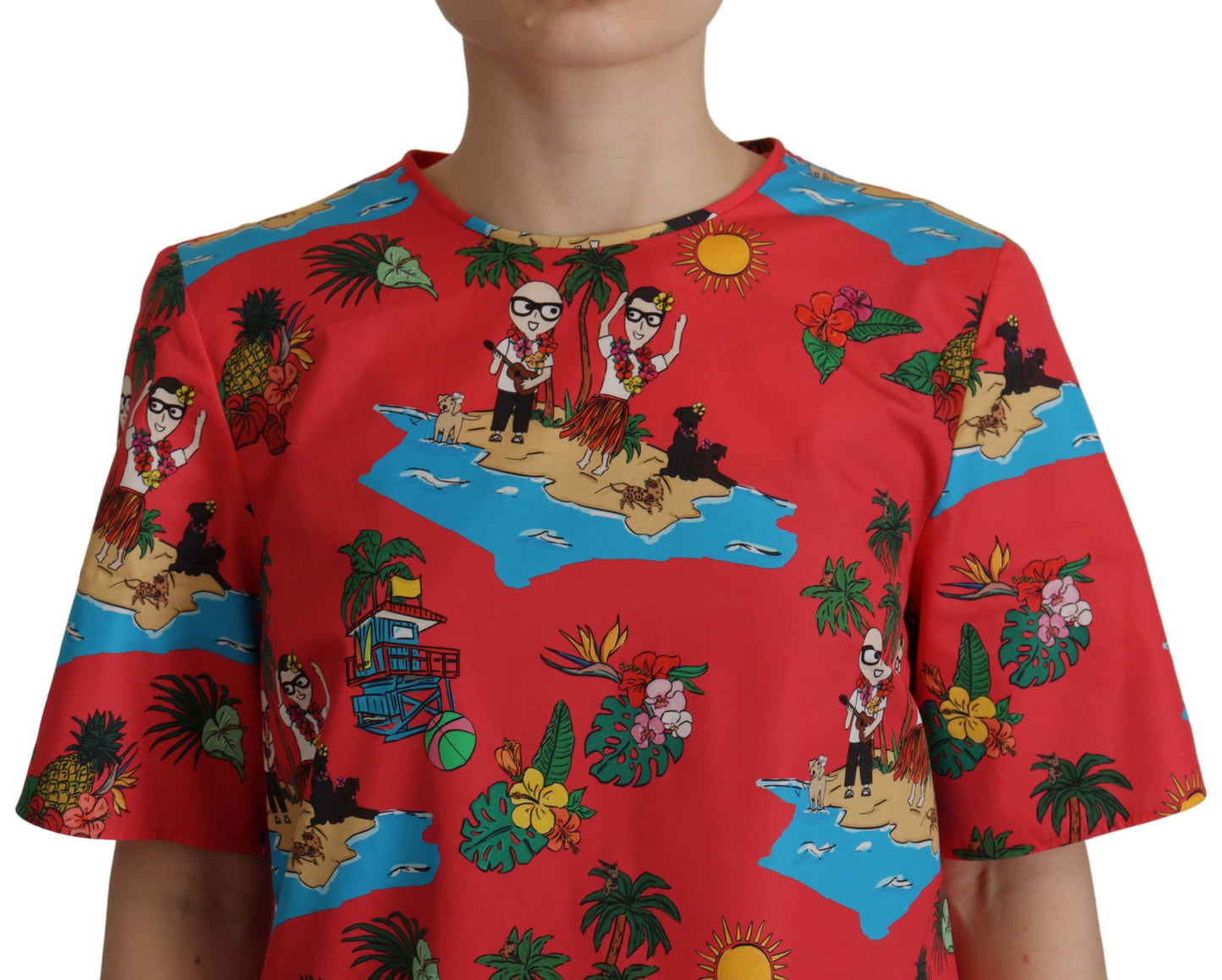 Red Multicolor Beach Motif Cotton T-Shirt