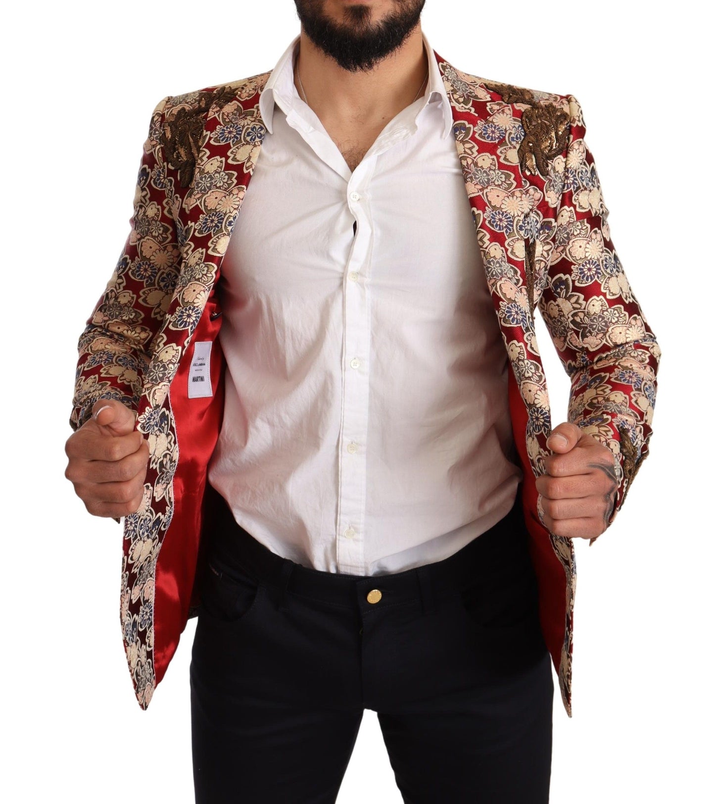 Elegant Gold Martini Blazer with Red Embroidery