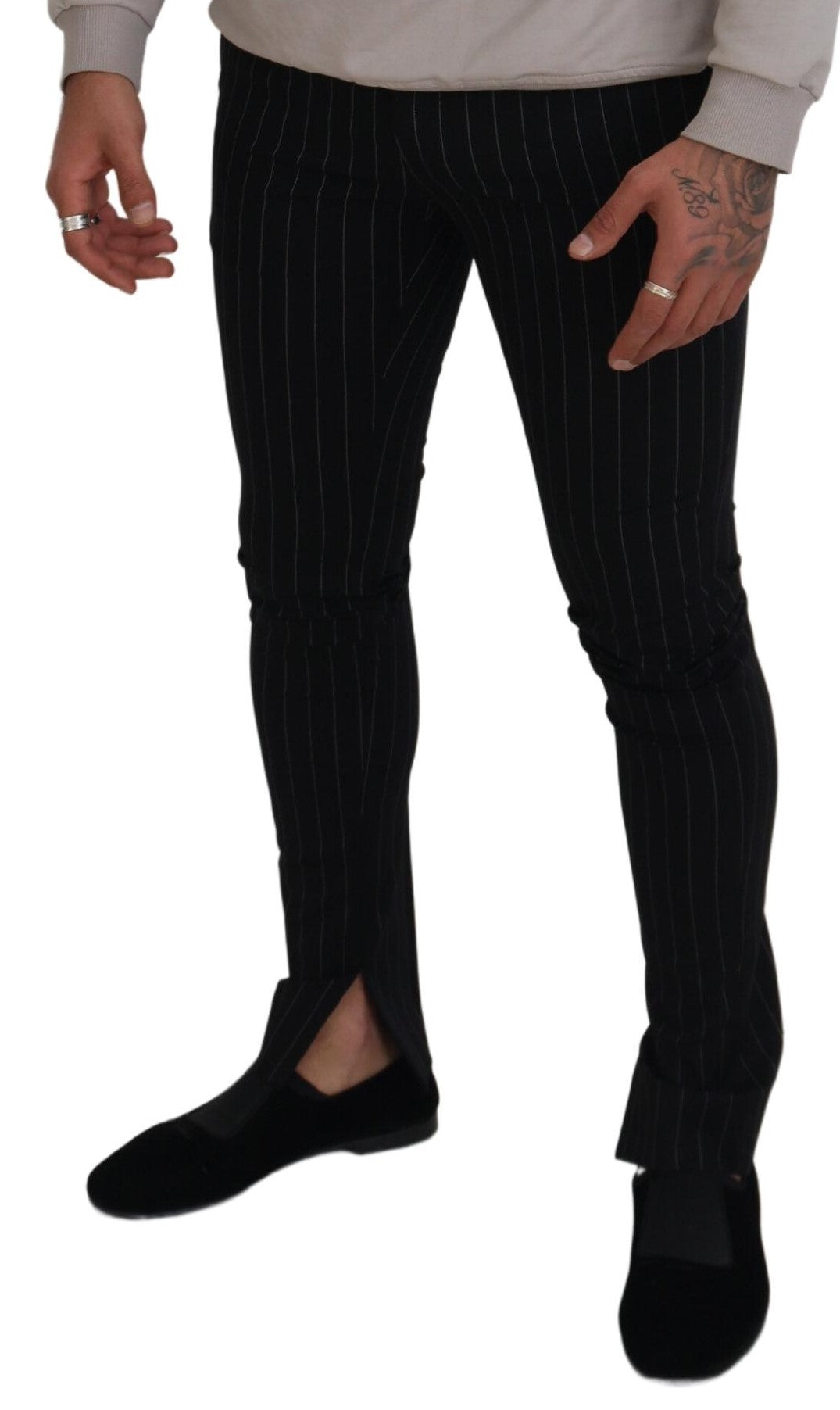 Elegant Black Striped Wool Trousers