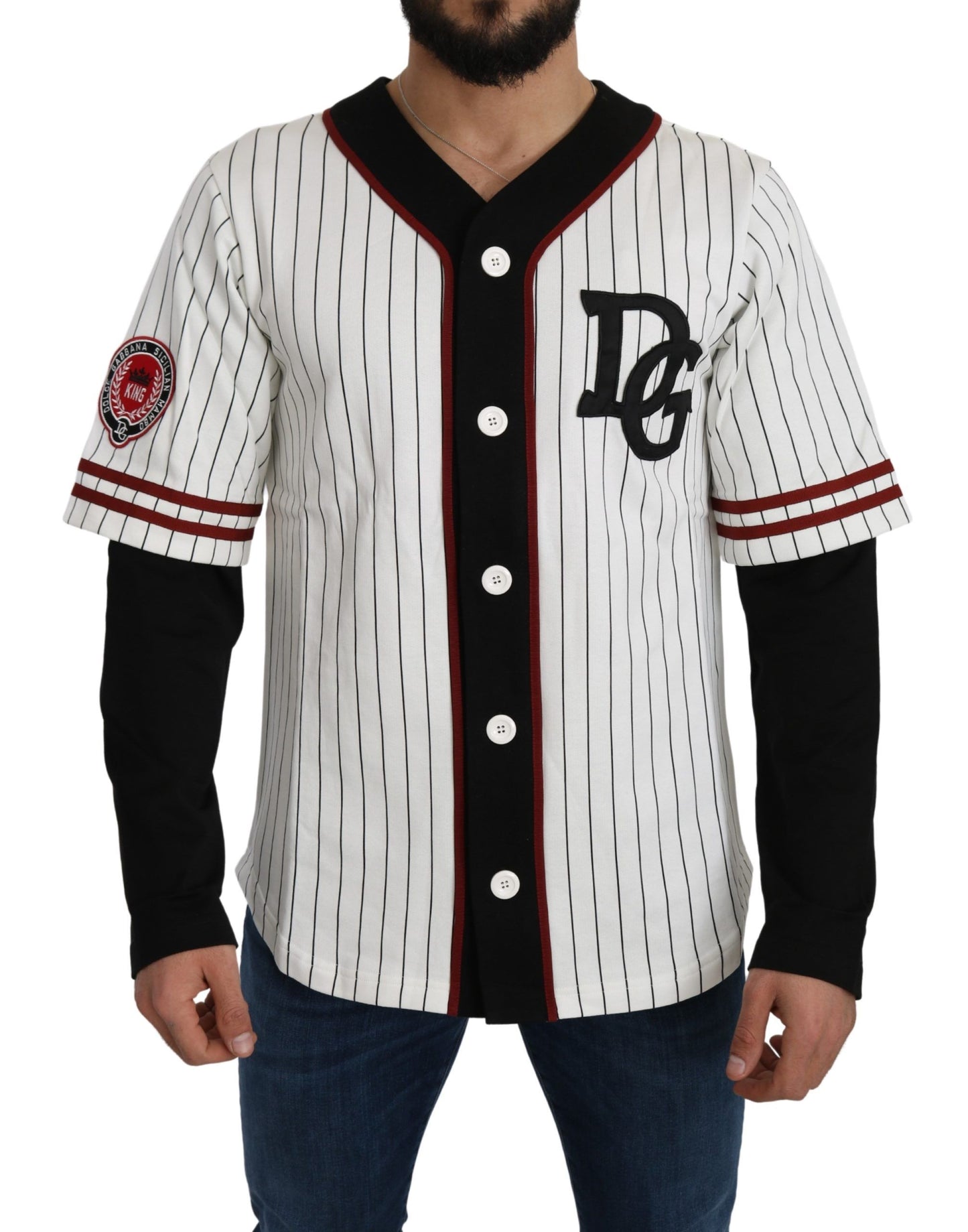 Elegant Striped V-Neck Sweater with Badge Accents