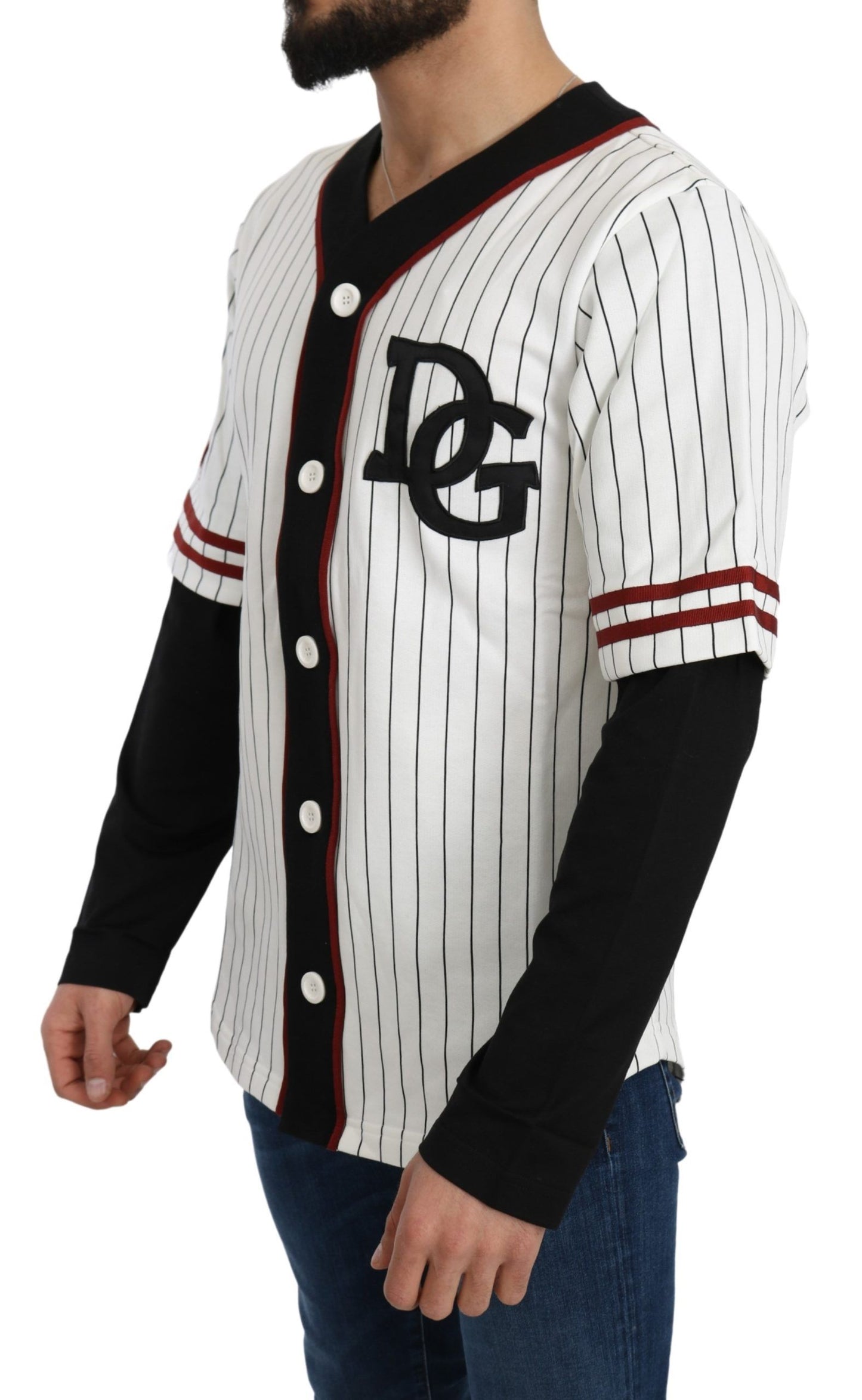 Elegant Striped V-Neck Sweater with Badge Accents