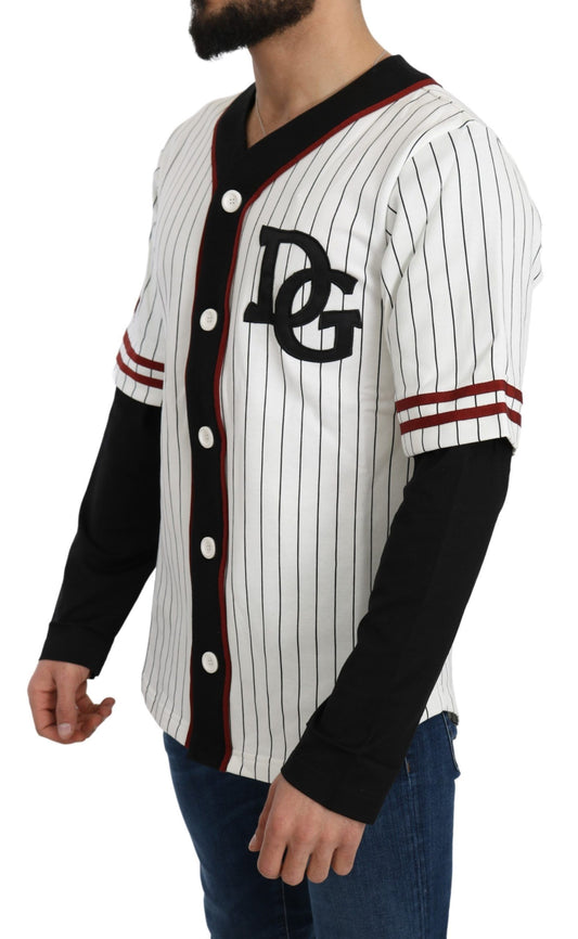 Elegant Striped V-Neck Sweater with Badge Accents