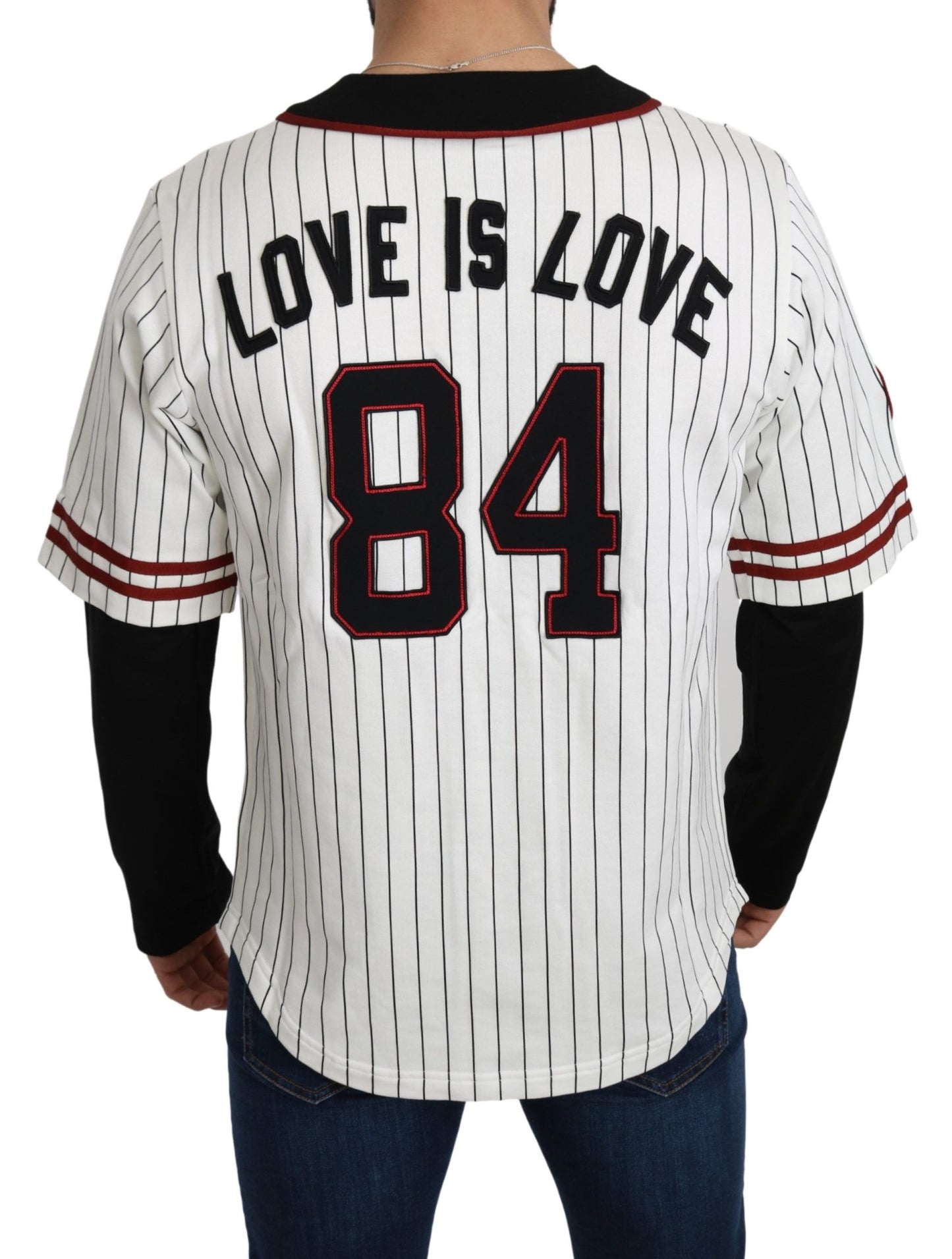 Elegant Striped V-Neck Sweater with Badge Accents