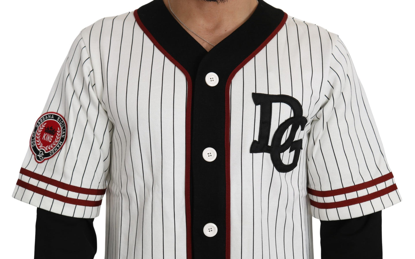 Elegant Striped V-Neck Sweater with Badge Accents