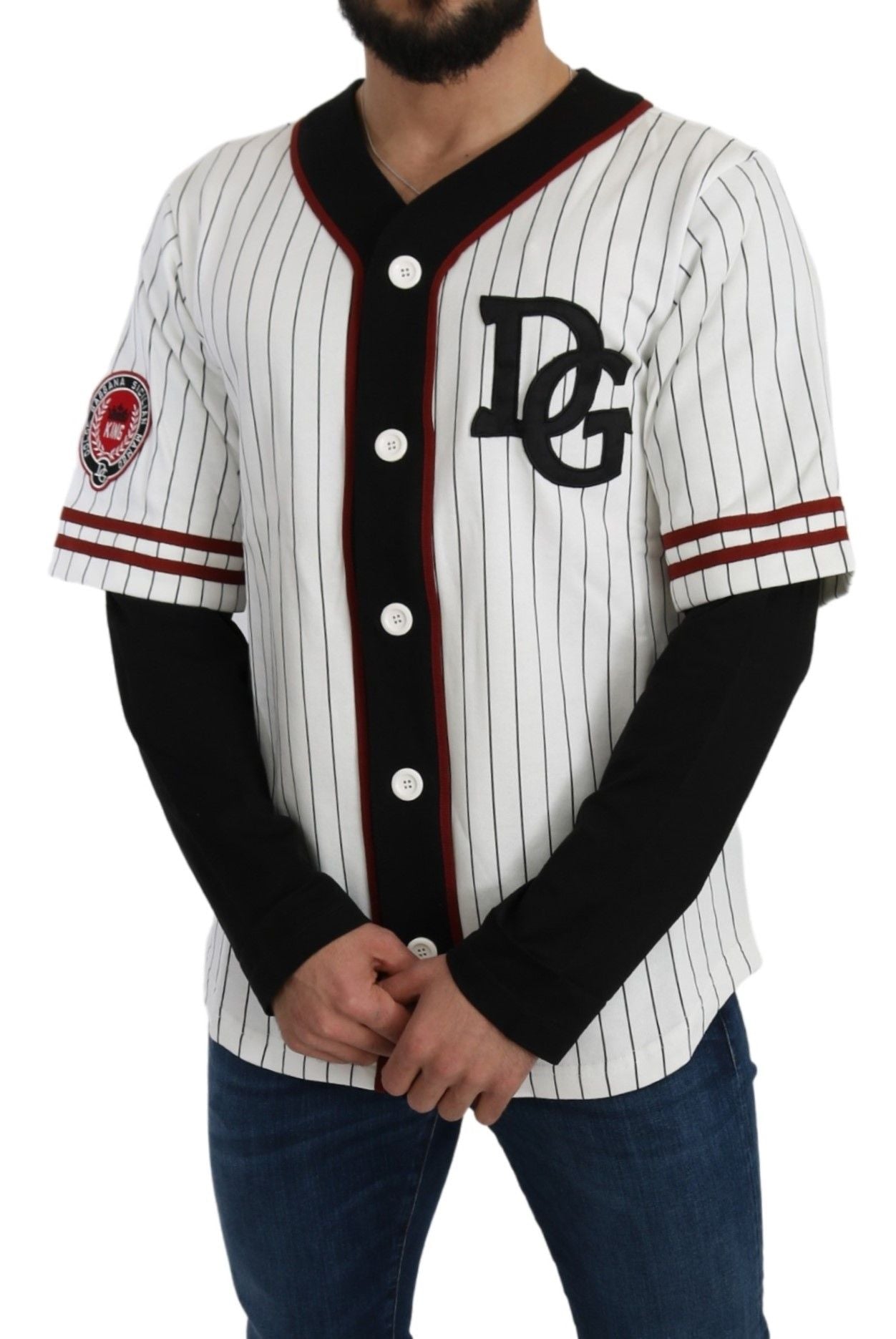 Elegant Striped V-Neck Sweater with Badge Accents