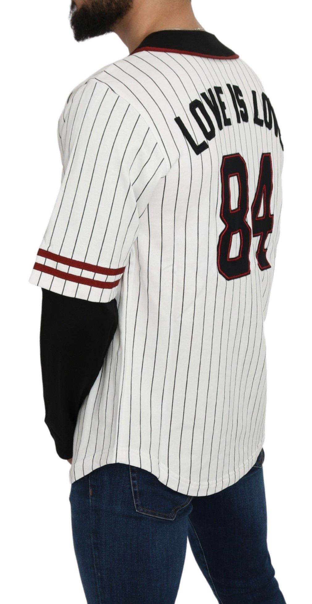 Elegant Striped V-Neck Sweater with Badge Accents