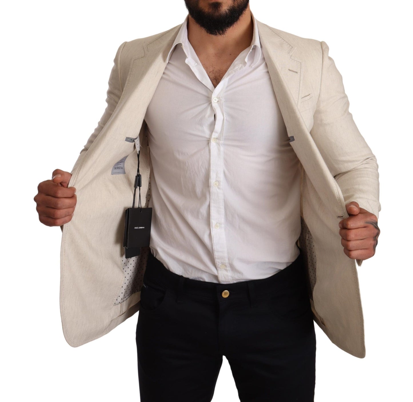 Elegant Beige Silk-Linen Blend Blazer