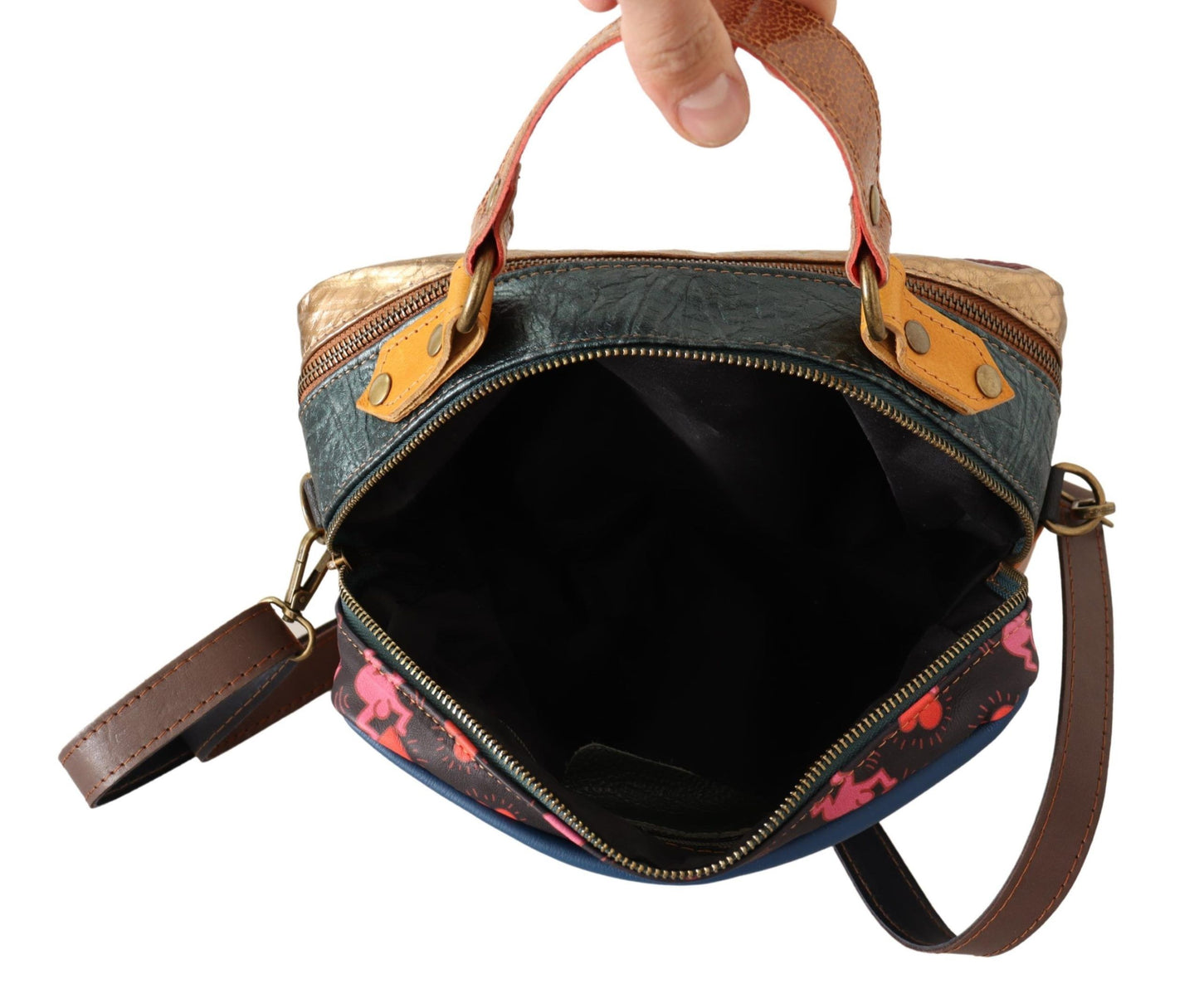 Multicolor Leather Shoulder Bag with Gold Details