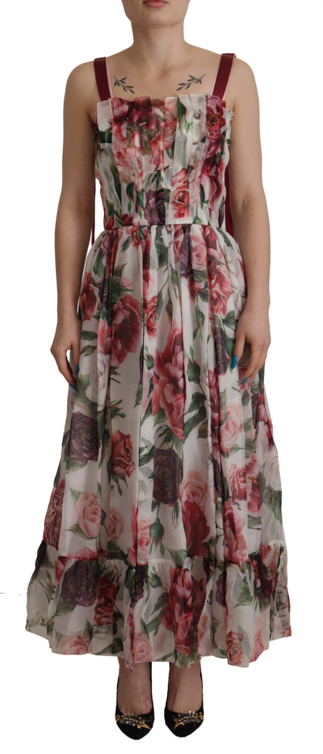 Elegant Multicolor Silk Roses Maxi Dress