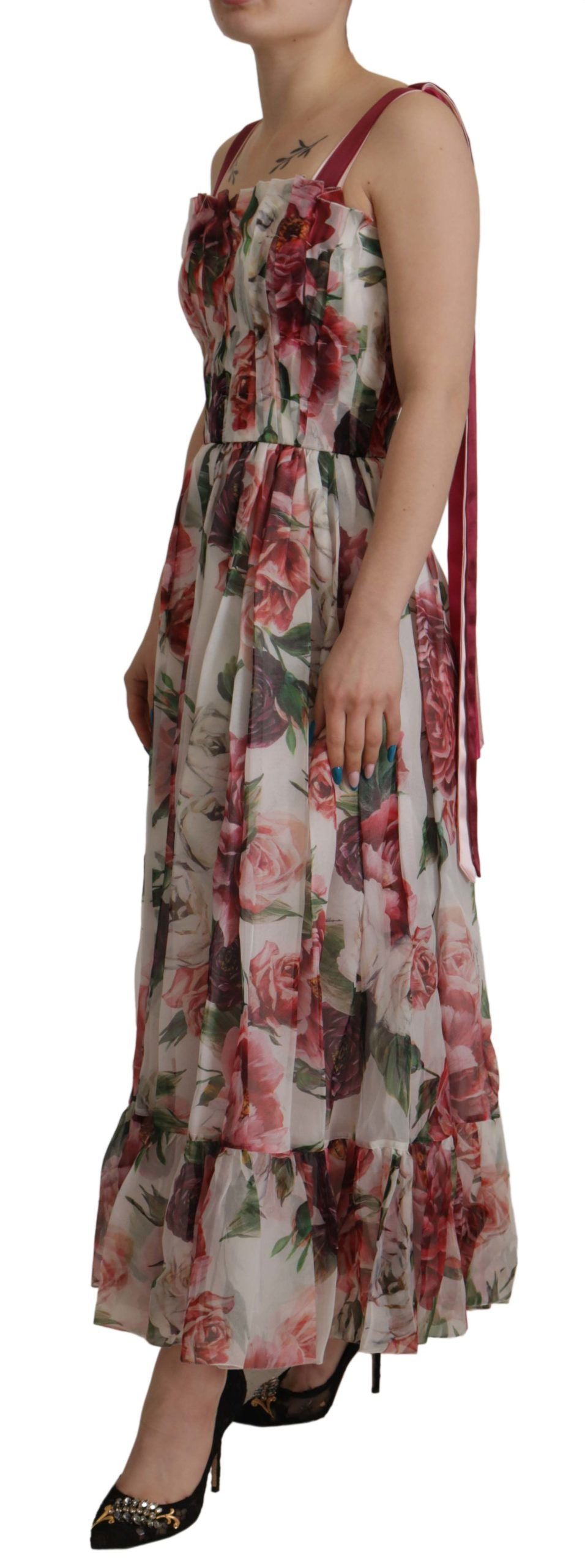 Elegant Multicolor Silk Roses Maxi Dress