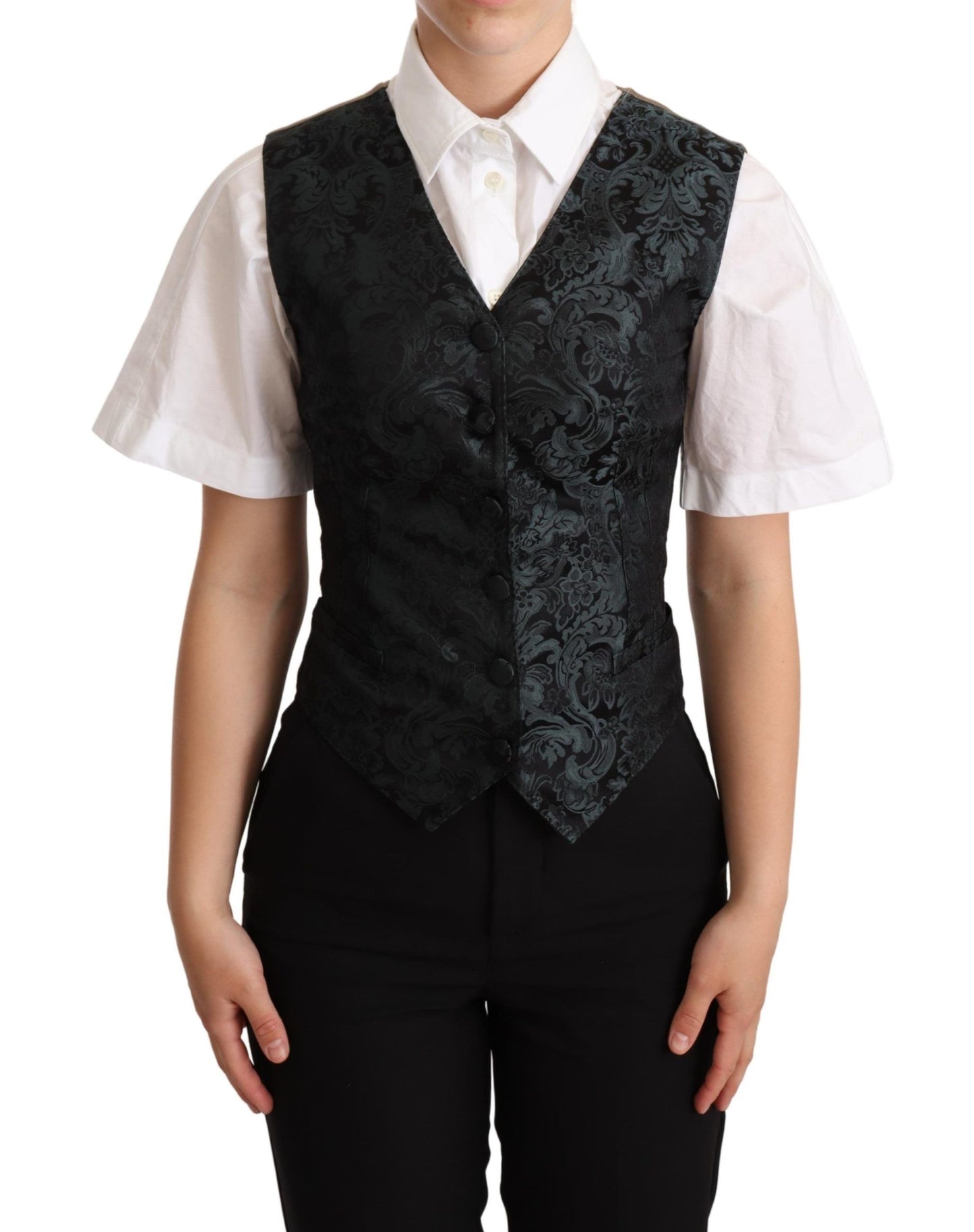 Black Jacquard Floral Waistcoat Vest Green