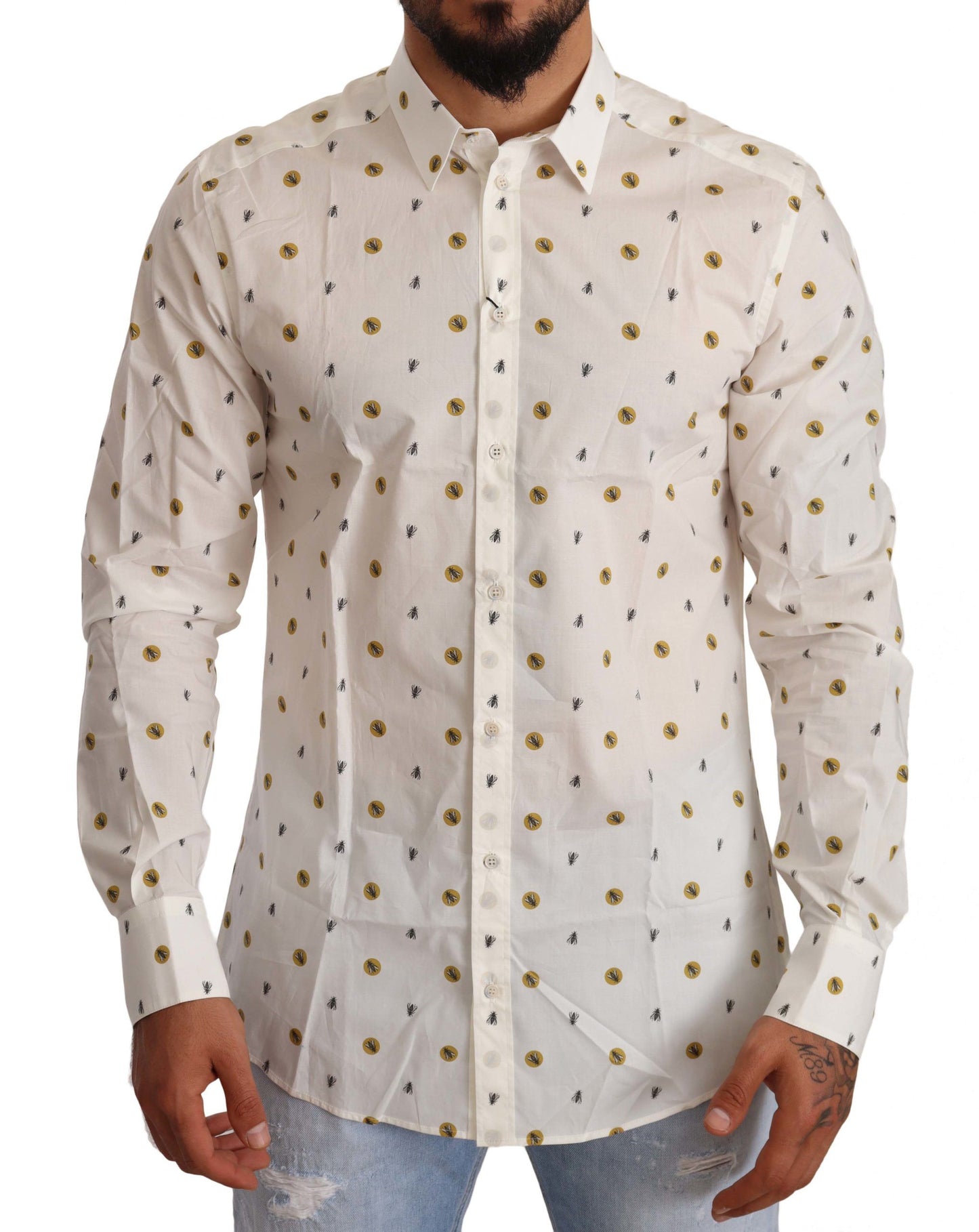 Elegant White Cotton Poplin Shirt with Unique Fly Print