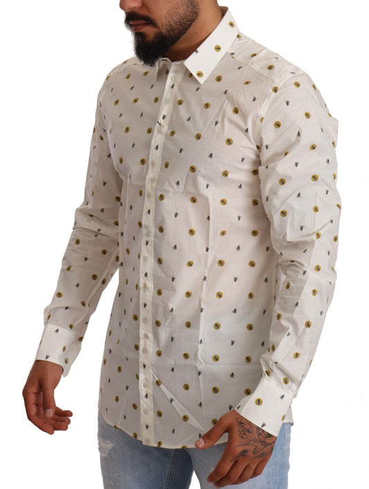 Elegant White Cotton Poplin Shirt with Unique Fly Print