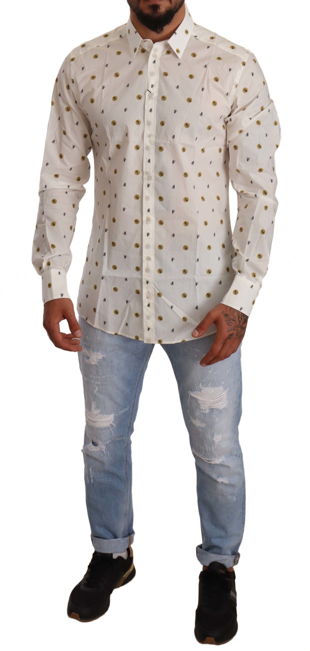 Elegant White Cotton Poplin Shirt with Unique Fly Print