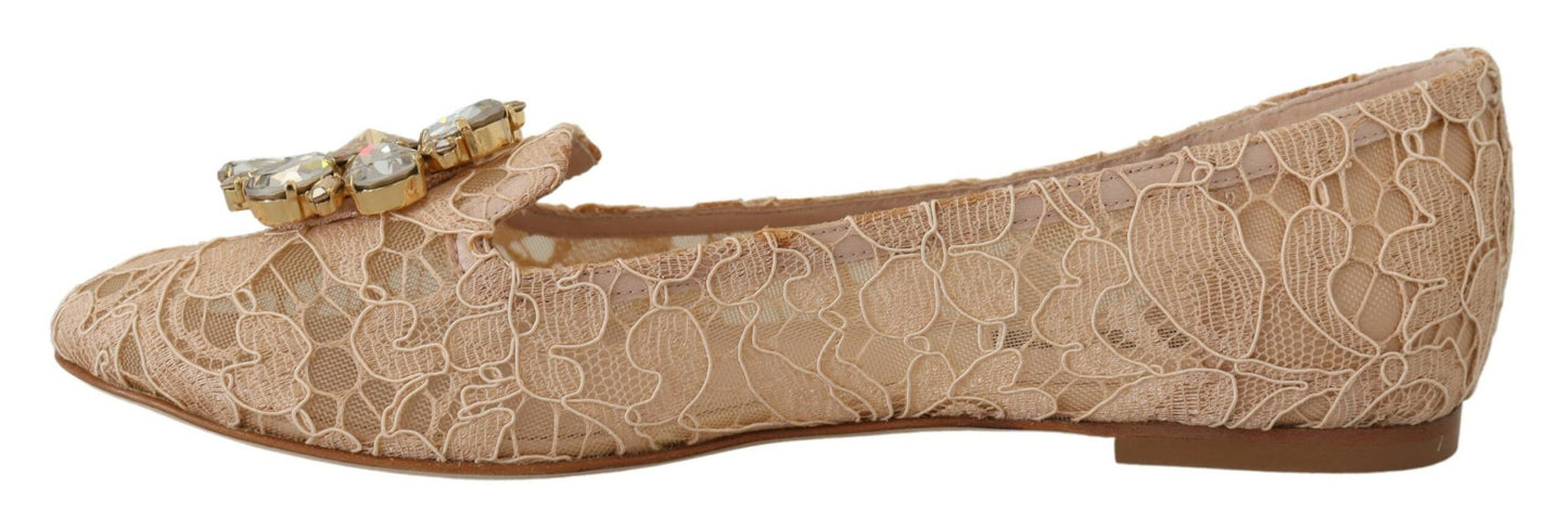 Elegant Beige Lace Vally Flats with Crystal Accent