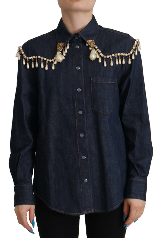 Chic Pearl Embellished Denim Shirt