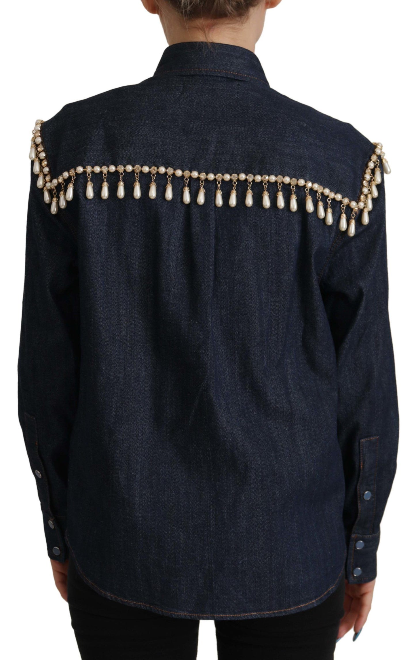 Chic Pearl Embellished Denim Shirt