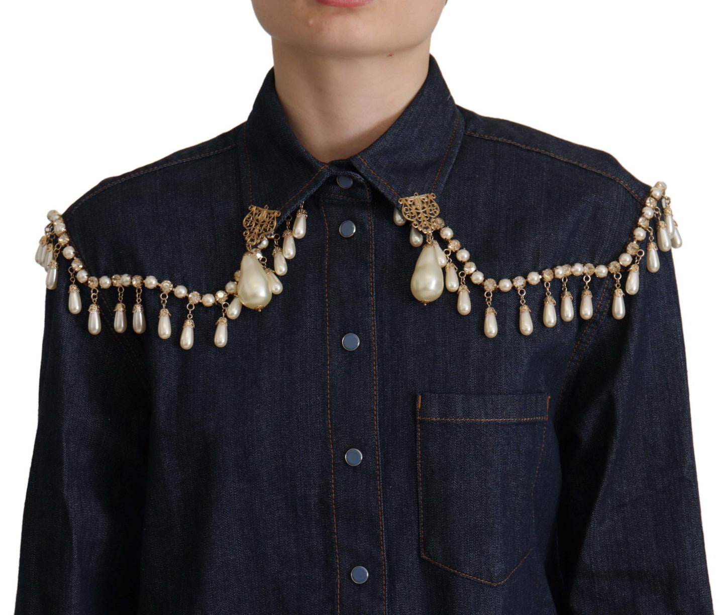 Chic Pearl Embellished Denim Shirt