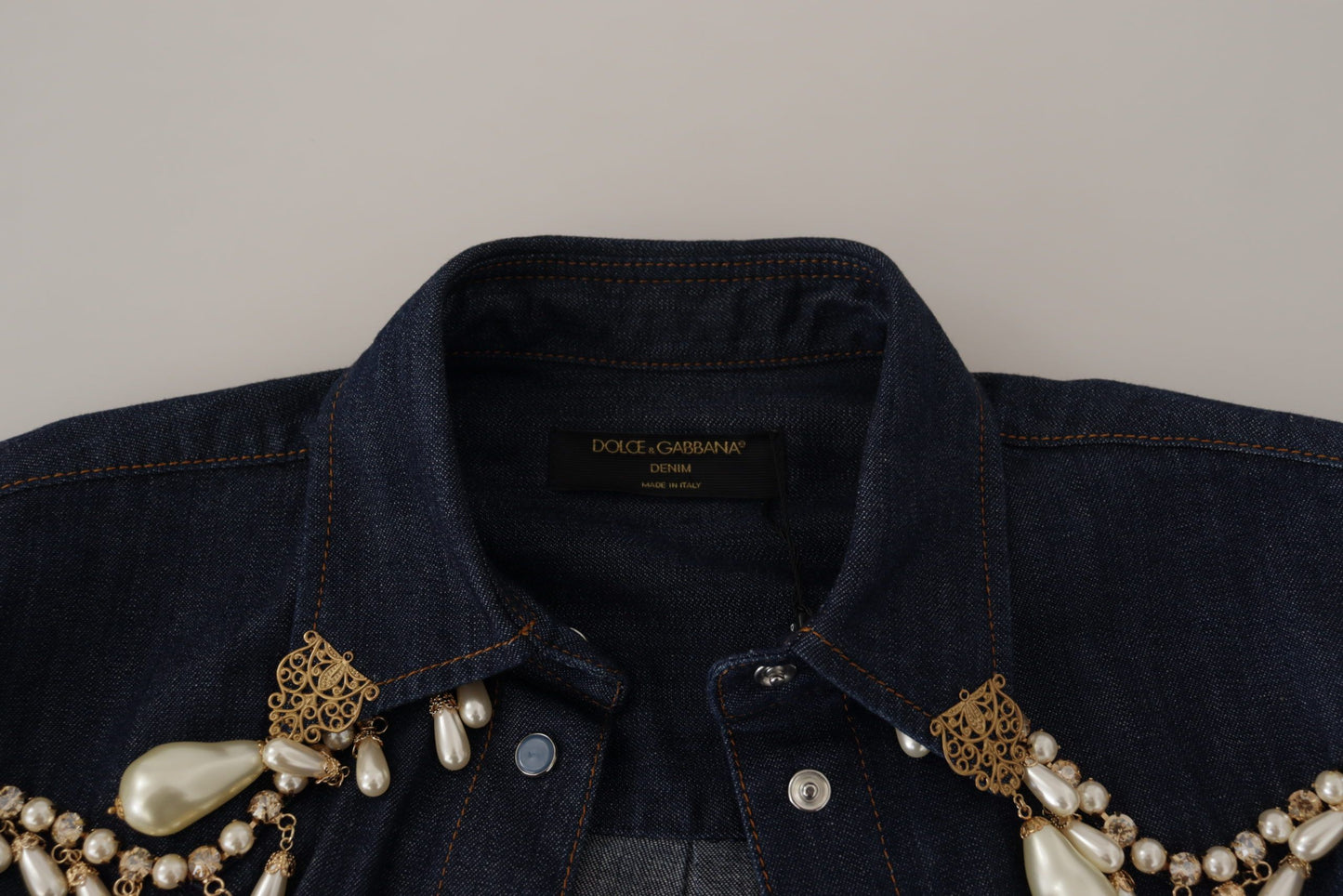 Chic Pearl Embellished Denim Shirt