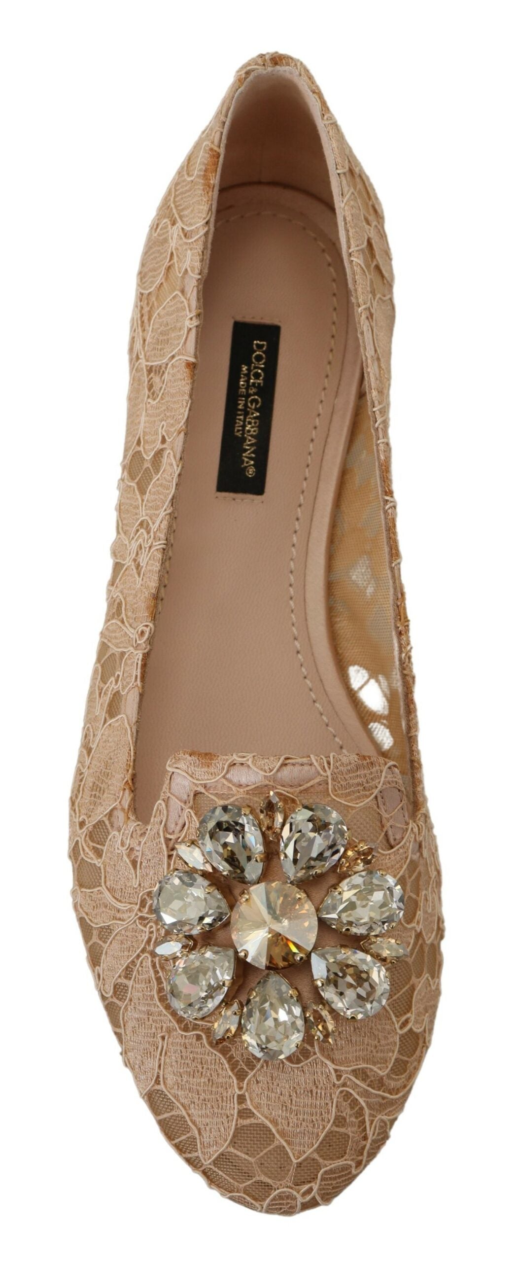 Elegant Beige Lace Vally Flats with Crystal Accent