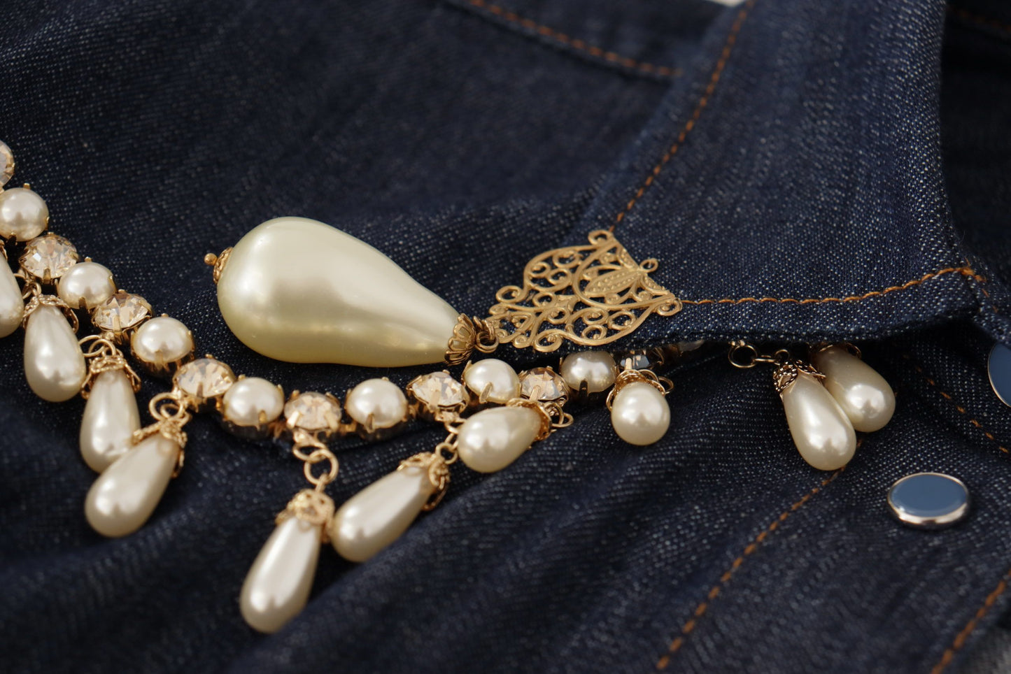 Chic Pearl Embellished Denim Shirt