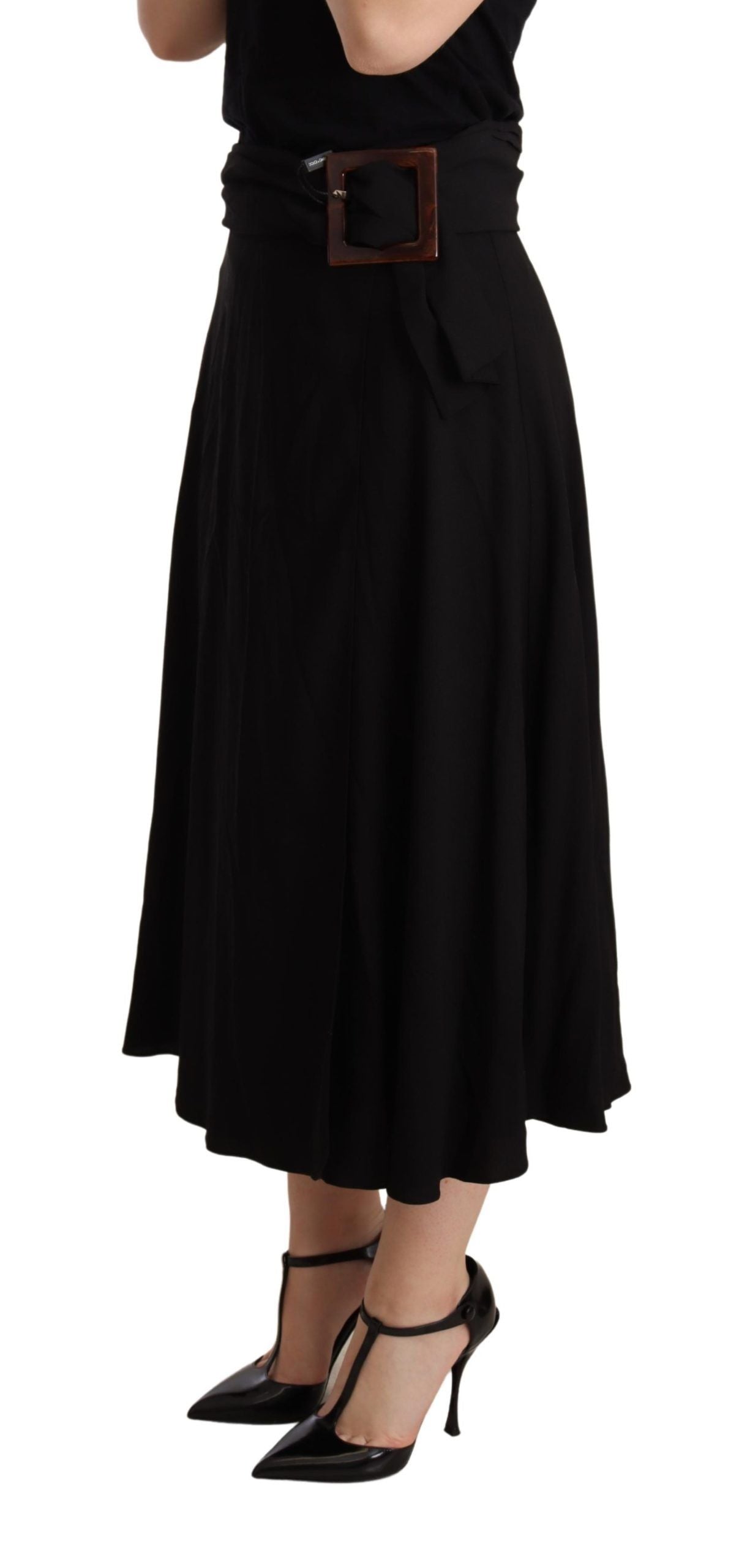 Black High Waist Pleated Midi Skirt