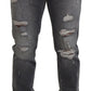 Gray Embroidery Tattered Cotton Denim Jeans