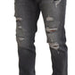 Gray Embroidery Tattered Cotton Denim Jeans