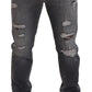 Gray Embroidery Tattered Cotton Denim Jeans