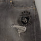 Gray Embroidery Tattered Cotton Denim Jeans