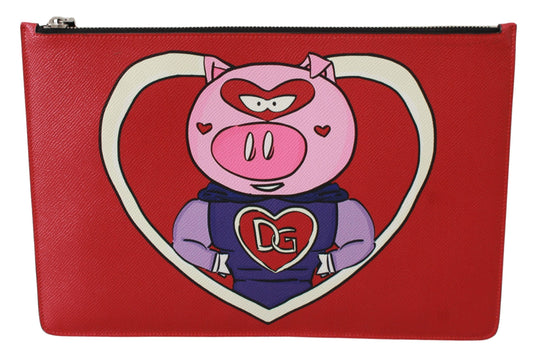 Red Pig Love Print Leather Document Bag